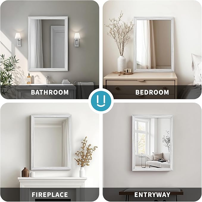 White Wood Effect Framed Wall Mirror, 24x36 Rectangle Mirror, Anti-desilvering Tempered Glass, Sustainable& Sturdy Frame, Anti-Rust, HD Reflection &3min Fast Setup for Bathroom Living Room