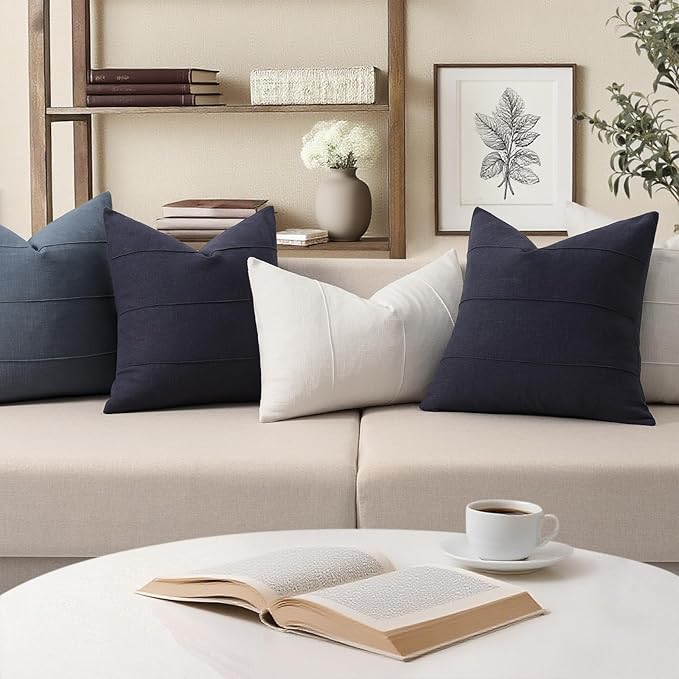 ZWJD Decorative Linen Throw Pillow Covers 22x22 Set of 2 Solid Handcrafted Striped Throw Pillows for Bed Soft Modern Farmhouse Neutral Pillowcase for Couch Bedroom Living Room Home Decor(Dark Navy)
