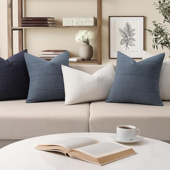 ZWJD Decorative Linen Throw Pillow Covers 26x26 Set of 2 Solid Handcrafted Striped Cushion Covers for Bed Soft Modern Farmhouse Neutral Pillowcase for Couch Bedroom Living Room Home Decor(Slate Blue)