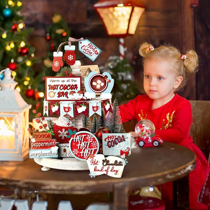 Kajaia 15 Pcs Christmas Tiered Tray Decor Winter Tiered Tray Decorations Set Snowman Snowflake Gingerbread Man Hot Cocoa Wooden Signs Farmhouse Christmas Table Decorations(Hot Cocoa)