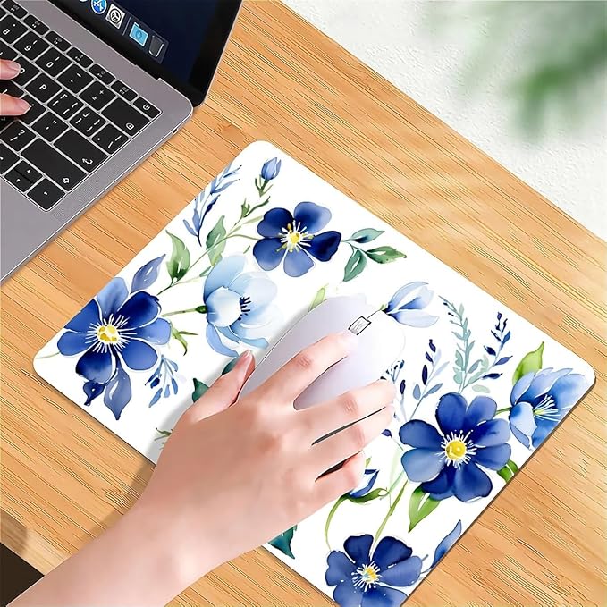 Square Mouse Pad White Blue Flowers 3, Personalized Premium-Textured Custom Mouse Mat Design, Washable Mousepad Cloth, Non-Slip Rubber Base Computer Mouse Pads for Wireless Mouse