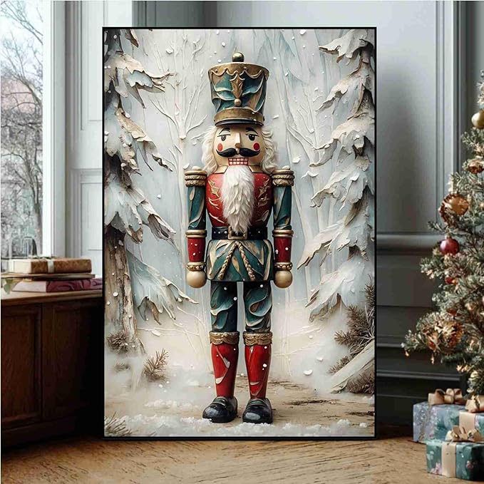 Nutcracker Christmas Art Print Vintage Holiday Decor Winter Nutcracker Wall Art Vintage Toy Soldier Print Festive Winter Poster Indoor Decor for Home Offices Living Room Bedroom Framed Ready to Hang