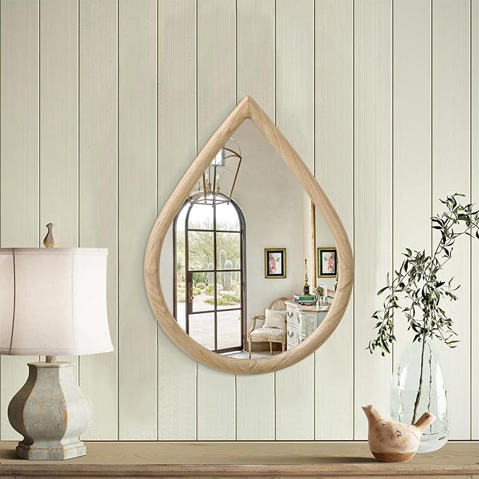 Small Wall Mirror Decorative Farmhouse Rustic Teardrop Wall Hanging Mirrors Walnut Wood Framed Irregular Mirror for Bathroom Living Room Bedroom Entrance