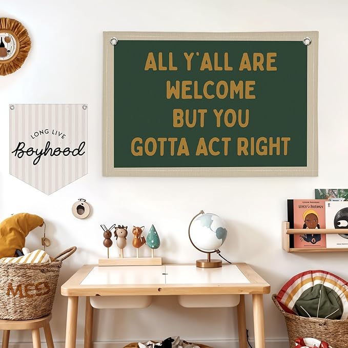 Lacama Vintage Classroom Wall College Dorm Decor, Olive Green All Y'all Are Welcome But You Gotta Act Right Banner, Retro Wall Hanging Pennant Flag for Bedroom Kids Room Playroom Decor 30x20 Inch