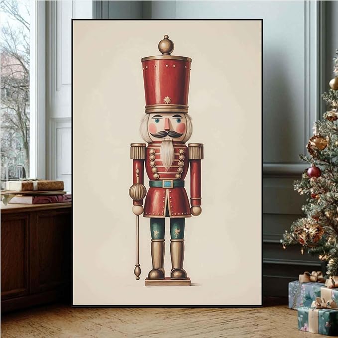 Nutcracker Christmas Wall Art Festive Christmas King Holiday Print Classic Soldier Nutcracker Vintage Holiday Canvas Painting Indoor Decor for Home Offices Living Room Bedroom Framed Ready to Hang