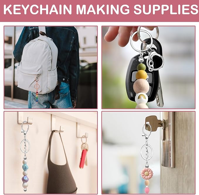 Eikovia 20 Pcs Keychain Making Kit,DIY Beadable Keychains Bulk Kit,Keychain Making Supplies for Crafts, Jewelry, Charms, DIY Projects, Blank Chain Beaded Keychains Design for Women Man,Rose Gold