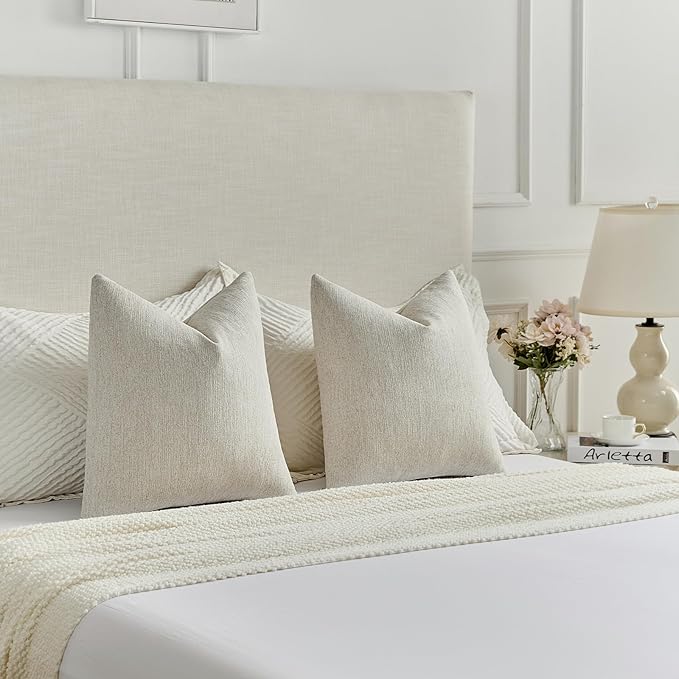 FUTEI Natural White Wood Chenille Decorative Throw Pillow Covers 12x20 Inch Set of 2,Soft Cozy Faux Linen Textured Lumbar Pillow Cases,Farmhouse Home Decor for Couch Living Room