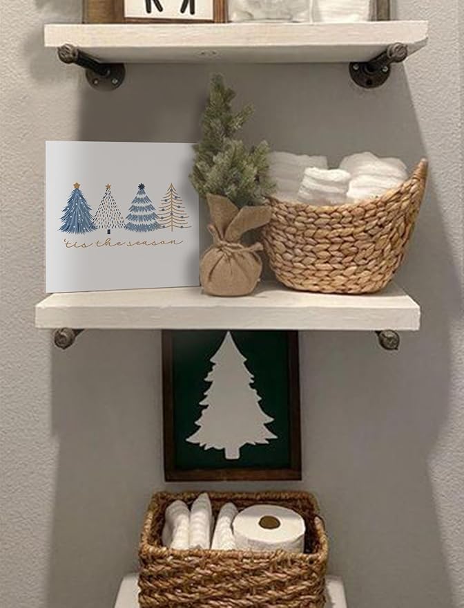 Minimalist Navy Blue and Gold Christmas Tree Wooden Box Sign, Preppy Christmas Desk Decor, Tis the Season Xmas Winter Holiday Wood Signs for Home Office Desk Shelf Tabletop Decor, 5x5 Inch Decorative Signage