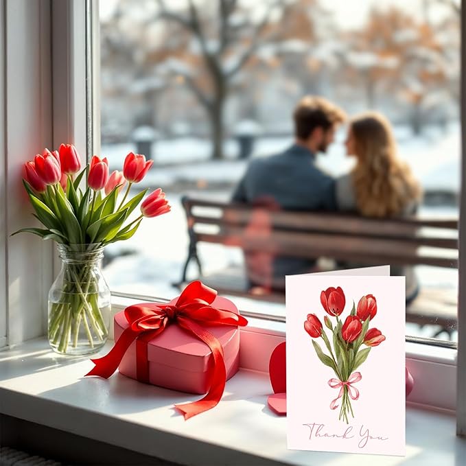 Whaline 24 Pack Tulip Flower Thank You Cards Greeting Cards Pink Floral Blank Note Card with Envelopes Stickers for Spring Mother's Day Wedding Bridal Baby Shower Birthday, 4 x 6 Inch