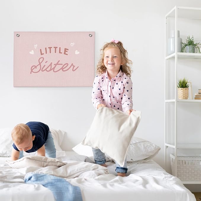 Pink Little Sister Girls Room Decor - Linen Banner Wall Hanging Canvas Banner Flag Decor for Girly Nursery Toddler Playroom Bedroom Dorm Apartment