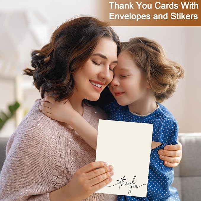 Gueevin 200 Pcs Thank You Cards with Kraft Envelopes and Stickers Bulk, 3.5 x 5 Inch Classy Blank Thank You Notes for Wedding, Business, Graduation, Baby Shower, Bridal Shower, Funeral(Cream)