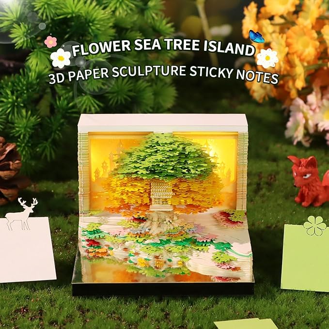 3D Calendar 2026, Flower Sea and Tree Island Time Piece Calendar 2026, Daily Tear-Off Memo Pad with LED Glow, Paper Carving Desktop Decoration, Unique Holiday & New Year Paper Craft Gift, Green