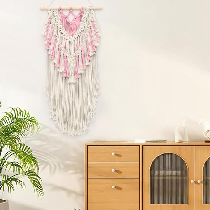 LB Pink Macrame Wall Hanging, Handmade Woven Tapestry Wall Hanging Modern Pink and Beige Wall Decor for Living Room Bohemian Macrame Wall Art for Office Apartment Bedroom Backdrop,15.7" W x 30.7" L