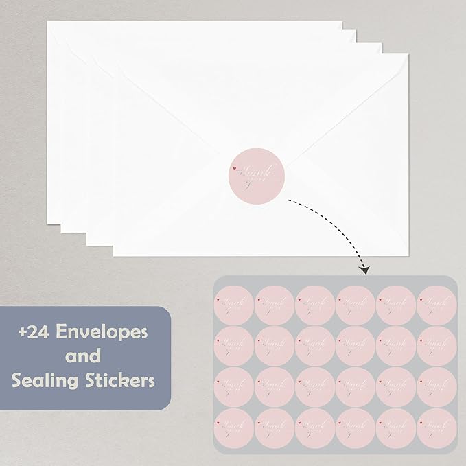 Cheerin 24 Pack Pink Thank You Cards With Envelopes Set - Elegant Silver Foil Thank You Notes for Wedding, Birthday and Baby Shower - Bulk Appreciation Cards 3x5 inch