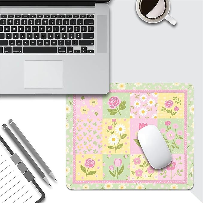 Square Mouse Pad Patchwork Flowers, Personalized Premium-Textured Custom Mouse Mat Design, Washable Mousepad Cloth, Non-Slip Rubber Base Computer Mouse Pads for Wireless Mouse