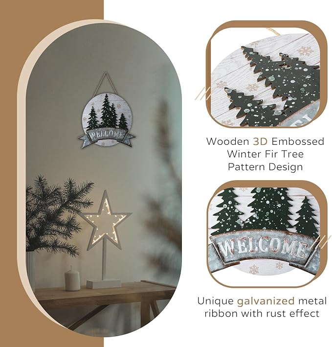 Winter Welcome Sign for Door Wall Decor - Walasis Outside Winter Wreath for Front Door Hanging Christmas Signs with Tree Snowfalke Rustic Wooden Welcome Decoration