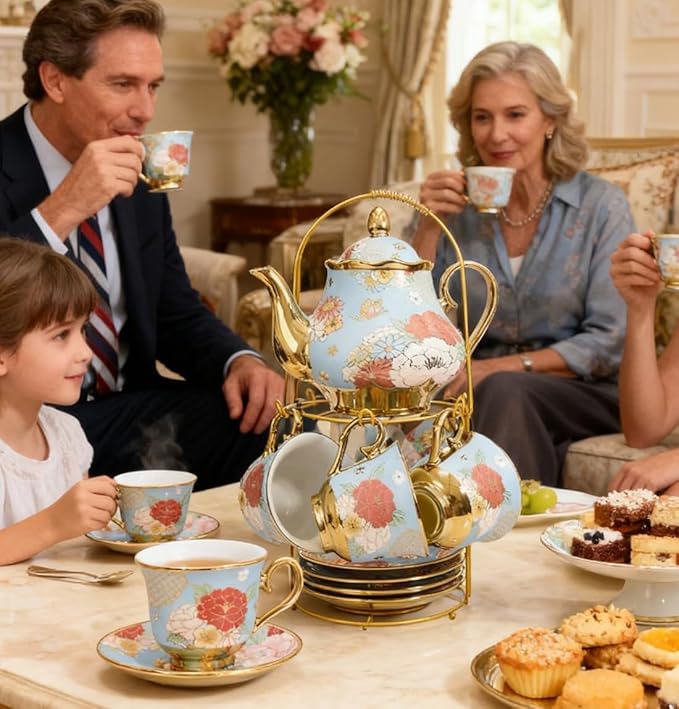 CHANJOON Gold Plated Red Rose Ceramic Tea Set, Vintage Tea Sets with Teapot, Beautiful Tea Set Coffee Serving 6 People (Green, X Large)