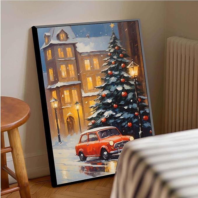 Framed Canvas Wall Art Snowy Christmas tree and red car art print Christmas in the city classic timeless red car snow cosy winters day 16x24in Metal blackFramed