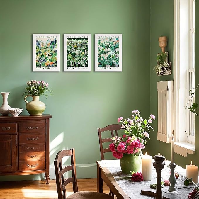 XLARTMY Flower Market Wall Art Prints Canvas Green Yellow White Floral Paintings Colorful Botanical Travel Flower Posters for Home Decor Pictures Set of 3 for Living Room Bedroom 12x16in