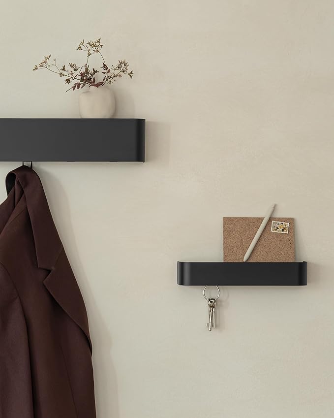 Kazai.ยฎ๏ธ Coat Rack Wall Mount with Shelf 'Tone' | Modern Design Coat Hanger with Hidden Hooks and Storage | Hat Rack with Shelf in Metal | Wall-Mounted Purse Organizer | Black
