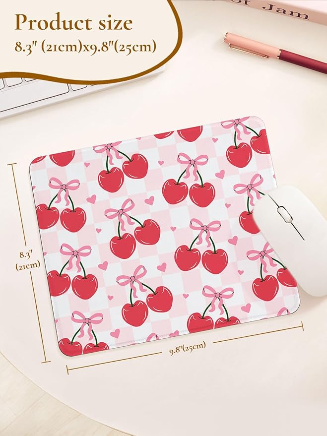 Cute Mouse Pad Red Cherries Pink Bow Heart Plaid Mousepad, Waterproof Mouse Mat Design Cloth, Non-Slip Rubber Base Computer Funny Mouse Pads, Small Mouse Pad Desk Accessories