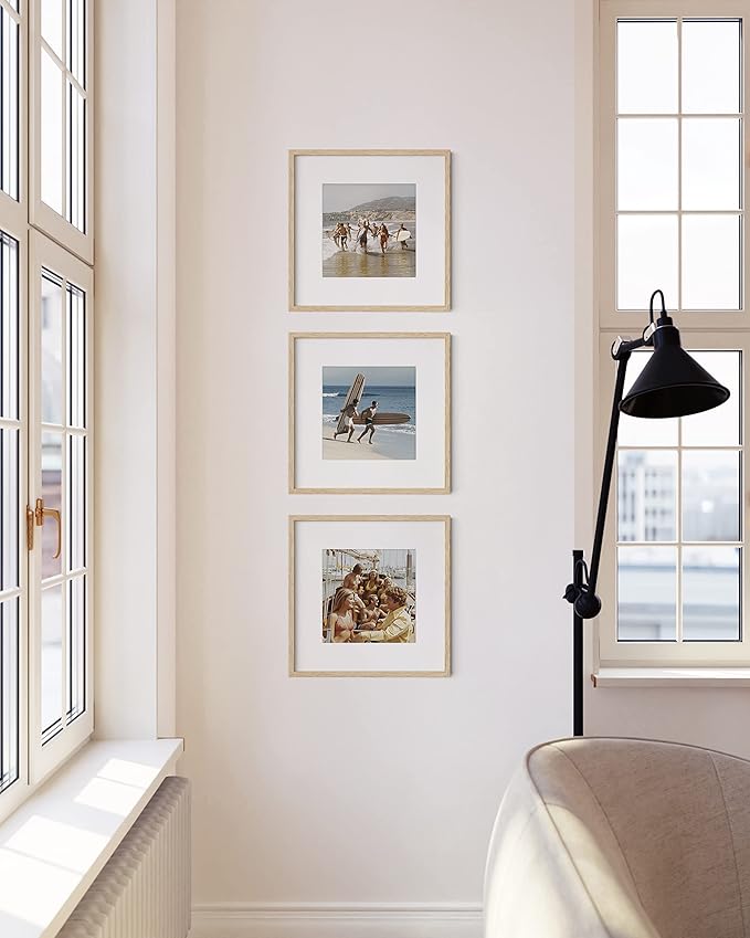 HAUS AND HUES Beige Oak Wood 12x12 Picture Frames - Set of 3, Square Frames with Mat, Minimalist Frames for Photos and Posters (12x12 in, Beige, Set of 3)