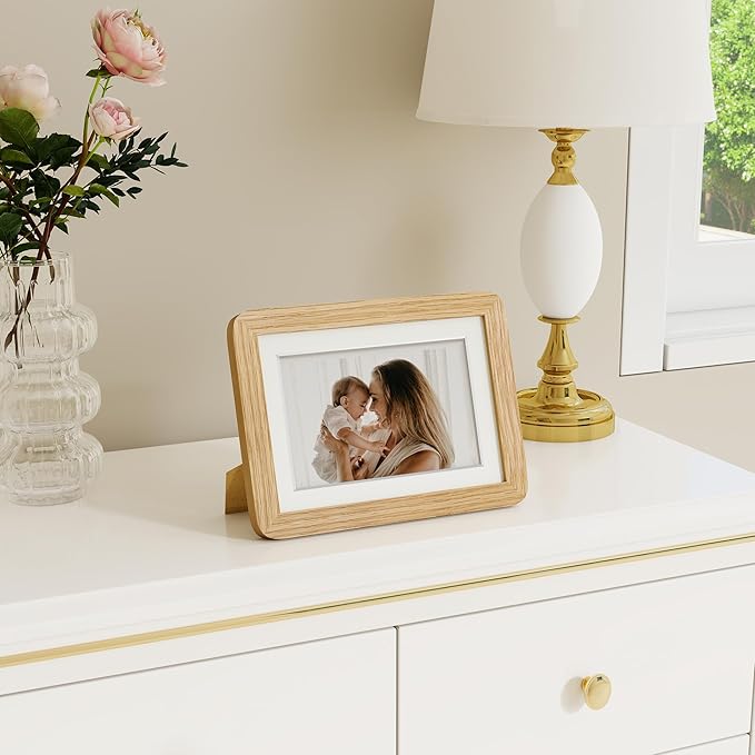 Dreamland 5x7 Picture Frame Set of 3, Solid Oak Wood Photo Frame with Mat for 4x6, Round Corner 5 x 7 Matted Picture Frames with Resistant Plexiglass for Wall Mounting or Tabletop, Oak Color