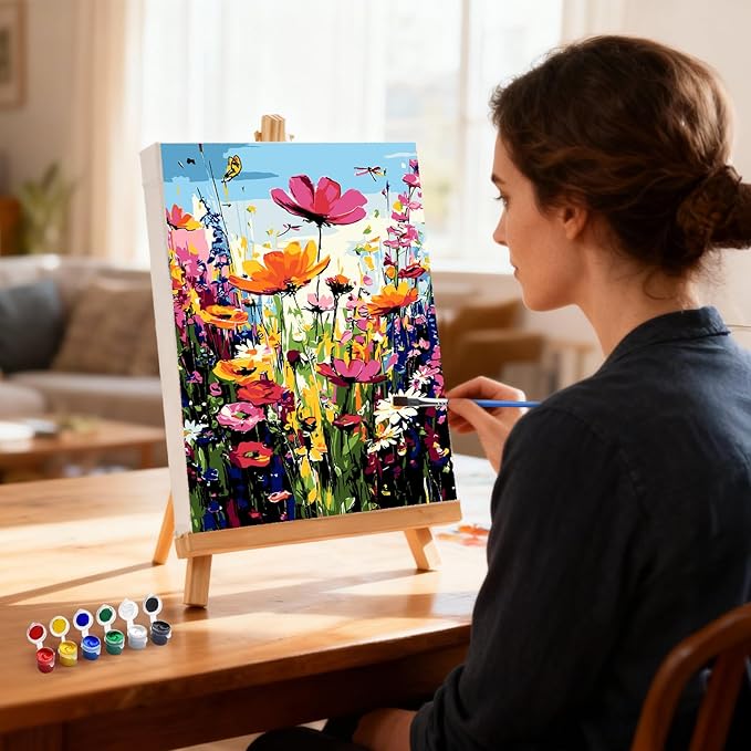 MXJSUA Wildflowers Framed Paint by Numbers for Adults Beginners, Easy Adults' Paint-by-Number Kits on Canvas with Easel, Acrylic Number Painting Crafts Kits Gifts for Home Decor, 8x12inch