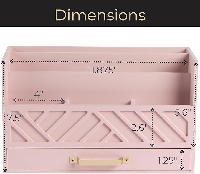 BLU MONACO Pink Wooden Desk Organizer With Storage Drawer and Gold Handle | Desktop Mail Sorter and Stationery Holder for Home Office | 4.6β x 12.4β x 7.5β Multi-Compartment Accessory Organizer
