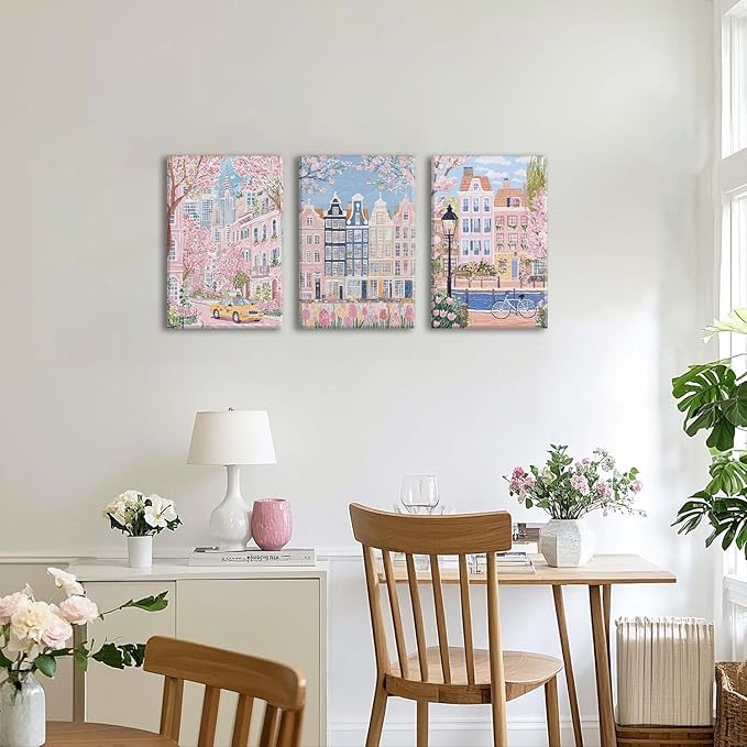 XLARTMY Watercolor City Landscape Travel Wall Art Canvas Framed Pink Cherry Flower Poster Girly Prints Painting Pictures Set of 3 for Bedroom Living Room Office 16x24in