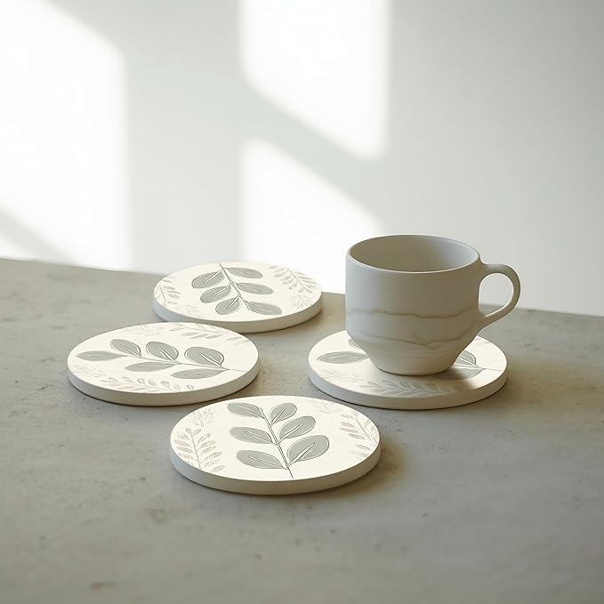 VEYRO Ceramic Coasters Set of 4 – Absorbent Stone Drink Coasters with Holder, Non-Slip Cork Backing, Modern Marble Look Coasters for Coffee Table, Desk & Home Decor