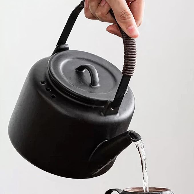 Small Stove Safe Ceramic Teapot with Cold Touch Curved Handle (27oz) - Hand-Glazed Finish - Suitable for Boiling Water and a Variety of Teas and Herbs - Matte Black