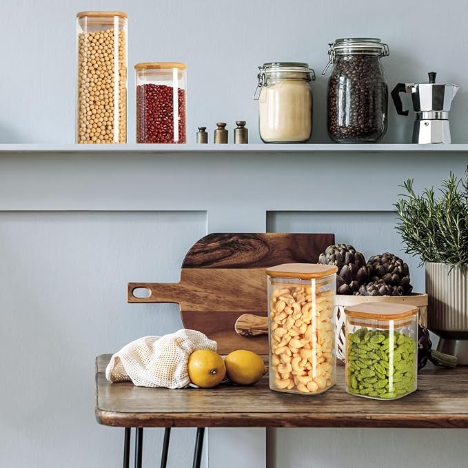 12 Pcs Glass Storage Jars with Bamboo Lids 4 Size Glass Storage Containers Pantry Food Containers Clear Airtight Square Jars for Candy Cookie Kitchen Sugar Pasta Nuts Pantry Organization