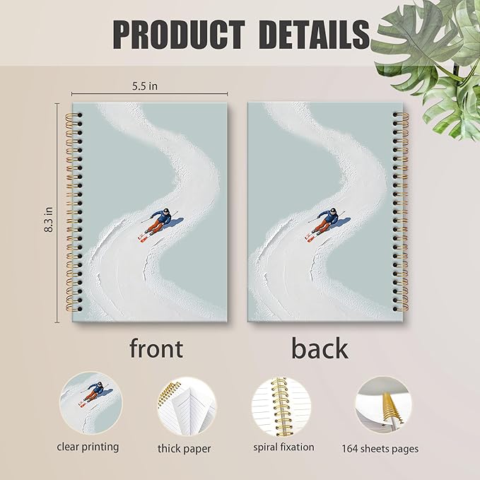 XNXLDYLH Ski Winter Christmas Scene Notebook Journal, Ski Skiing Themed Lover Gifts for Skiers Men Women, Skiing Spiral Notebook, Christmas Winter Office School Supplies Gifts for Women, 5.5x8.3Inch