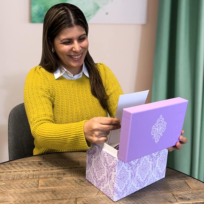 Designer Greetings Greeting Card Organizer Box with Dividers and Calendar, Decorative Lavender Damask Pattern (9.5” x 7.25” x 6”, Holds Up to 75 Greeting Cards), purple - large (711-00005-0000)