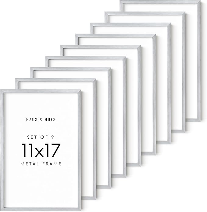 HAUS AND HUES 11x17 Silver Metal Picture Frames - Premium Aluminum with Vertical & Horizontal Hanging, Shatterproof Plexiglass - Ideal for Home or Office (11x17 in, Silver, Set of 9)