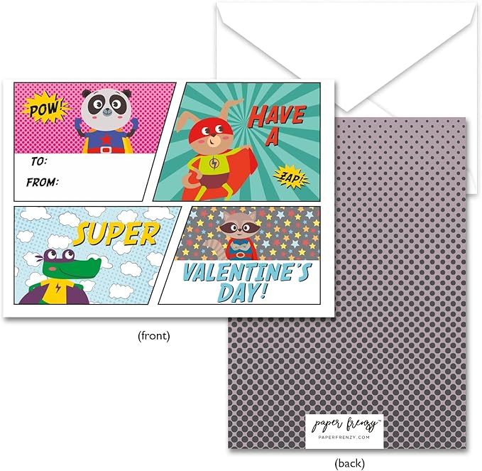 Paper Frenzy Super Hero Themed Valentine Cards WITH ENVELOPES - 25 Pack