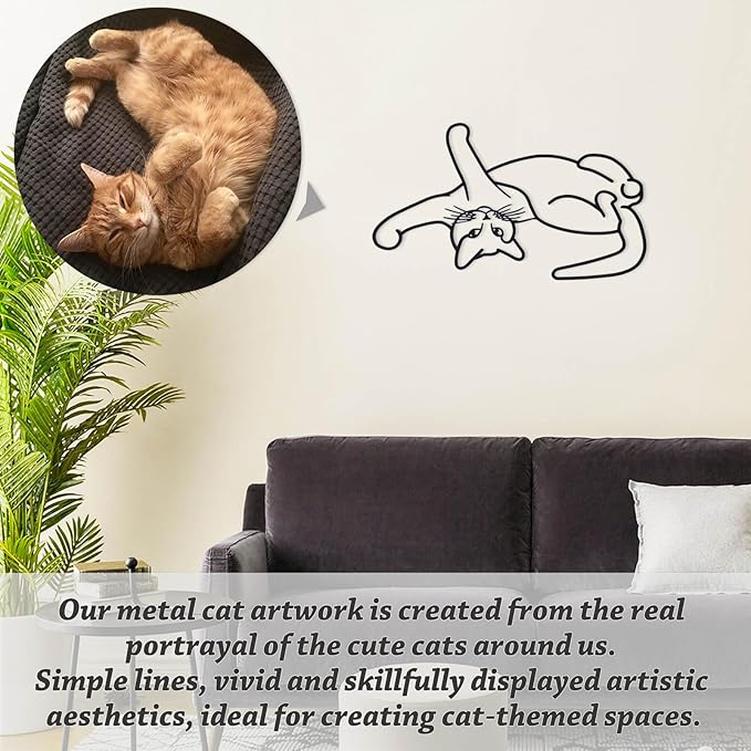 TYLCC Black Metal Cat Wall Decor Minimalist Abstract Cat Wall Art Line Drawing Art for Living Room Bedroom Decorations (Roll)