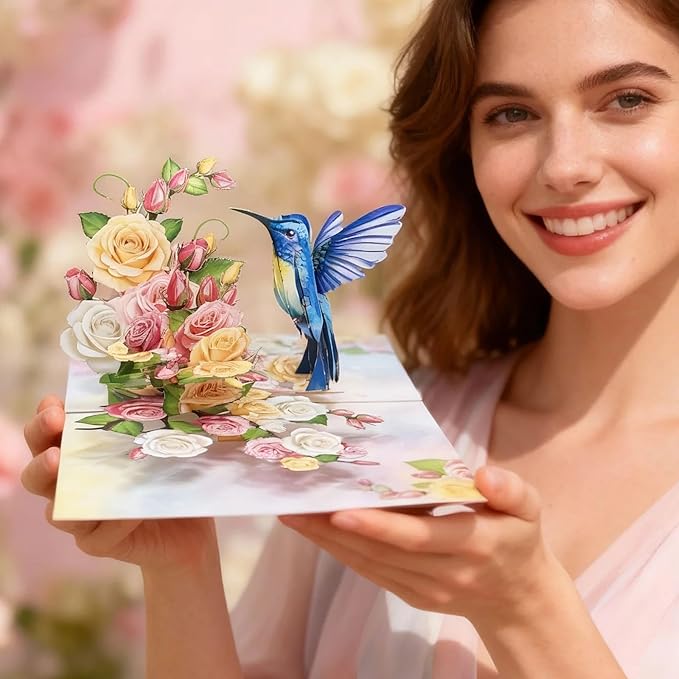 Greeting Card Blue Hummingbird with Roses 3D Pop-Up Cards Handmade Birthday Flower Gift for Women, Mom, Wife, Men 6x8 Inches Aniversary Wedding Christmas Gifts Floral