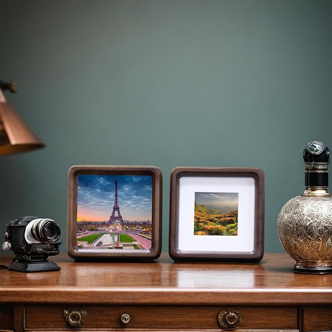 HELPLEX 6x6 Matted to 4x4 Square Picture Frame Set of 2 - Natural Walnut Wood with HD Tempered Glass, Convertible Design for Wall or Tabletop Display - Art Gallery & Luxury Home Office Decor