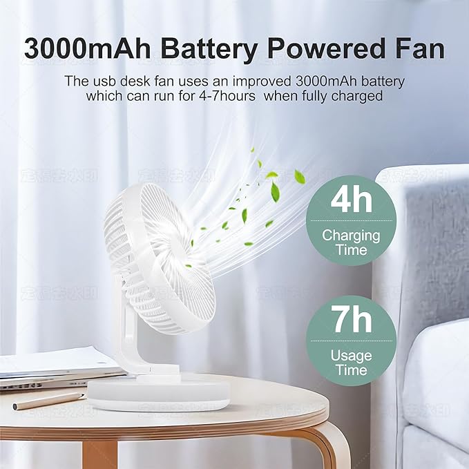 Small Desk Fan With Night Light, Auto Oscillating Table Fan With 3000mAh Rechargeable Battery, USB Personal Fan With 4 Speeds Wind, Adjustable Fan For Home, Office Bedroom, Camping (white)