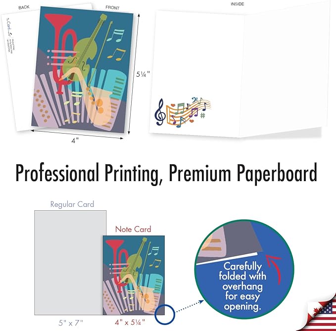 The Best Card Company 20 Assorted Blank Notes Bulk Box Set 4 x 5.12 Inch with Envelopes (10 Designs, 2 Each) Musical Notes AM10042OCB-B2x10