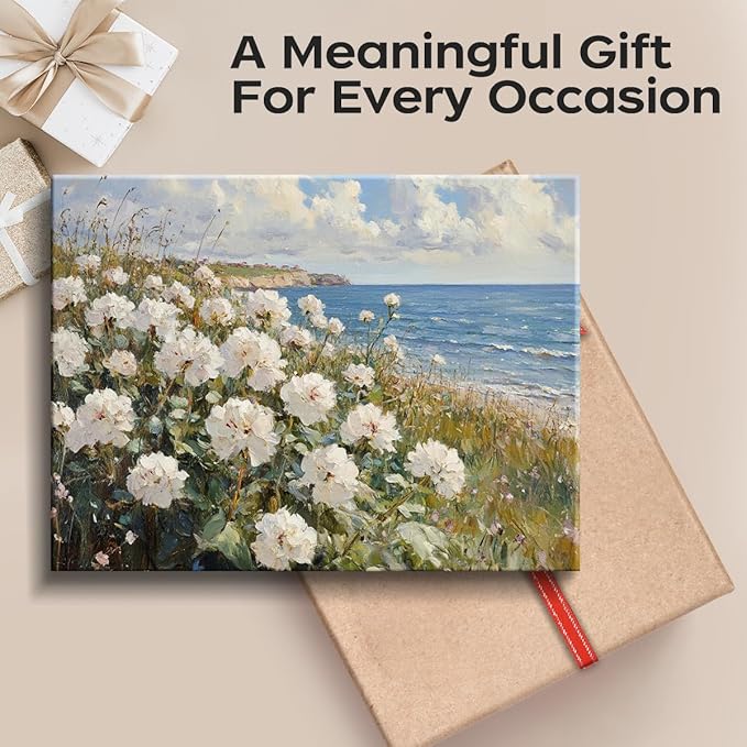 Vintage Coastal Wall Art – 15x12 Inch White Flowers by the Sea Print – Seaside Cottagecore Landscape Poster – Frameless Laminated Paper with Hanging & Tabletop Display