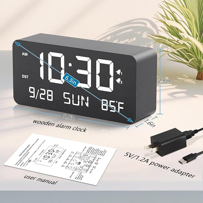 Wooden Digital Alarm Clock for Bedroom - Desk Clock with Date, Day of Week, Temperature, Dual Alarms, Dimmer, USB Port Charge, DST, Adjustable Volume for Living Room/Office Wood Decor (Black)