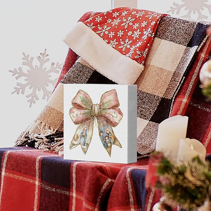 Pink Jesus Christmas Coquette Bow Decor, Pink Christmas Decorations Home Office Decor for Table Shelf 5 x 5 inch