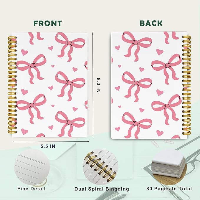 Trendy Coquette Pink Bow Heart Journaling Notebooks, Preppy Notebook Journal for Girls, Pink Office Supplies, Hardcover Spiral Notebooks College Ruled 5.5 x 8.3