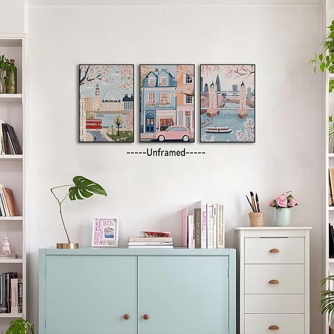 XLARTMY Watercolor City Landscape Travel Wall Art Canvas Framed Pink Cherry Flower Poster Girly Prints Painting Pictures Set of 3 for Bedroom Living Room Office 16x24in Unframed