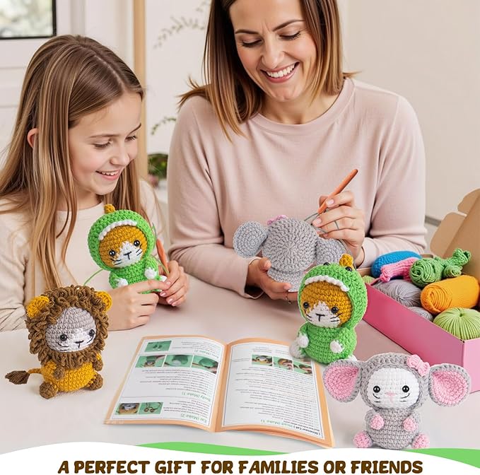 POP COCHE Crochet Kit for Beginners, Crochet Starter Kits for Adults, Amigurumi Craft Knitting Crochet Animal Kit with Step-by-Step Video Tutorials, 3 Grassland Cats (40%+ Yarn)