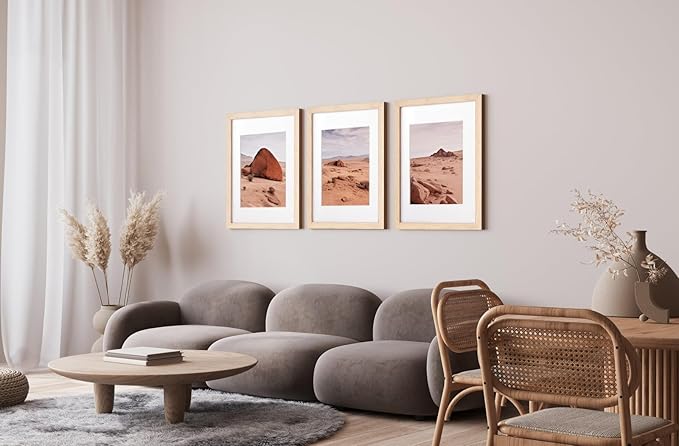 Yaetm Oak Wood 16x20 Frame with Mat for 11x14 Set of 3, Natural Solid Wood 16x20 Picture Frame, Wide Molding, Wall Decor for Office, Gallery & Home (3 pack, Oak)