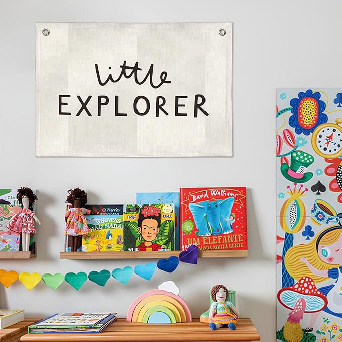 Little Explorer Baby Shower Linen Canvas Banner, Boys Room Decor, Camping Wall Hanging Canvas Banner Flag Decor for Toddler Boy Room Nursery Playroom, 20x30 Inch